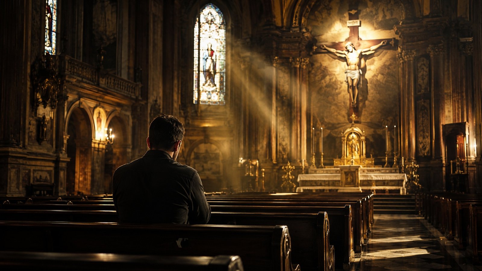 A person sitting alone on a wooden church pew