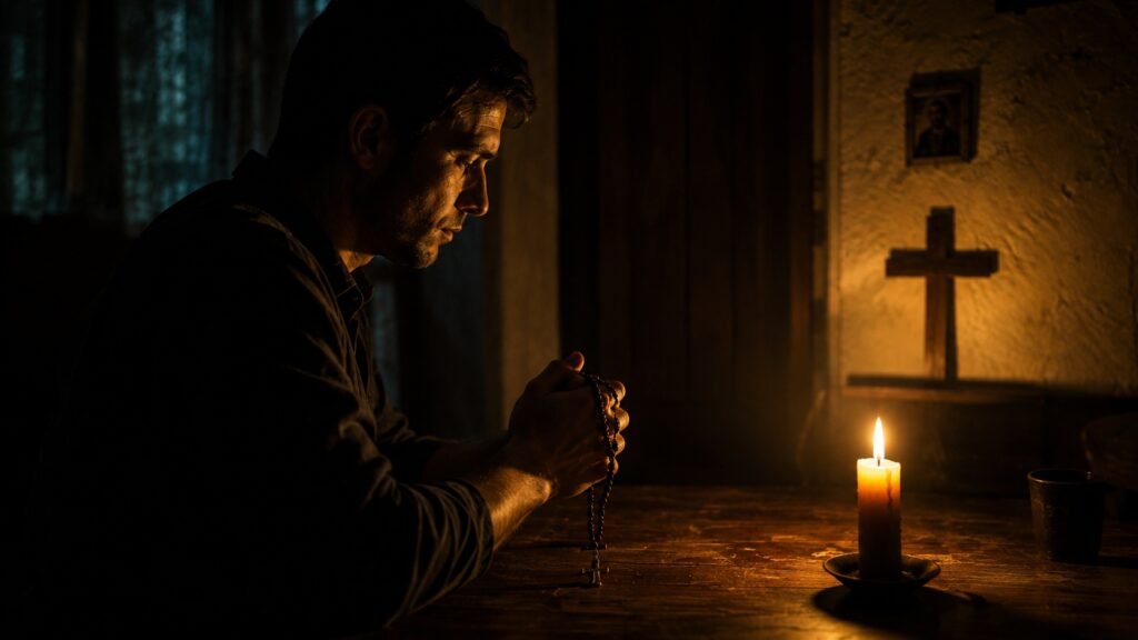 A person sitting quietly in a dimly lit room