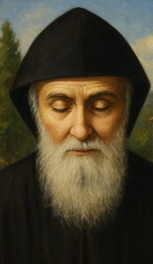Saint Charbel Makhlouf kneeling in prayer edited