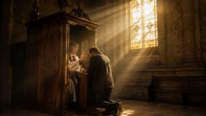 A serene and peaceful Catholic confessional inside an ancient church, warm golden divine light streaming through a stained glass window, atmosphere of mercy, hope, and grace, hyper-realistic, photorealistic, 8k resolution, cinematic lighting, dramatic shadows, soft focus, reverent atmosphere