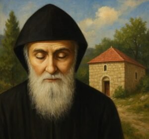 Saint Charbel Makhlouf kneeling in prayer